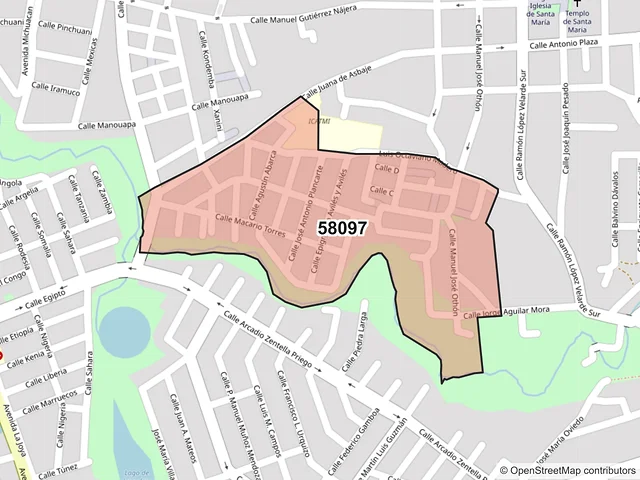 Mapa del código postal 58097, Morelia, Michoacán de Ocampo
