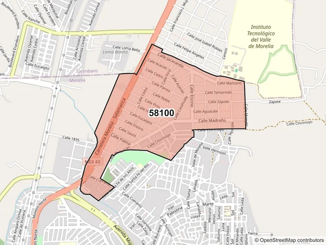 Mapa del código postal 58100, Morelia, Michoacán de Ocampo