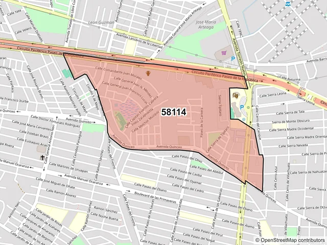 Mapa del código postal 58114, Morelia, Michoacán de Ocampo