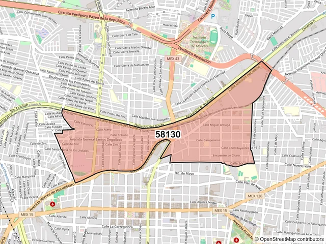 Mapa del código postal 58130, Morelia, Michoacán de Ocampo