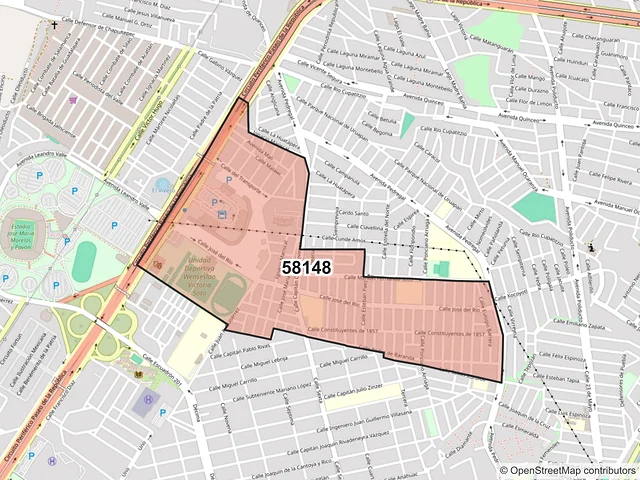 Mapa del código postal 58148, Morelia, Michoacán de Ocampo