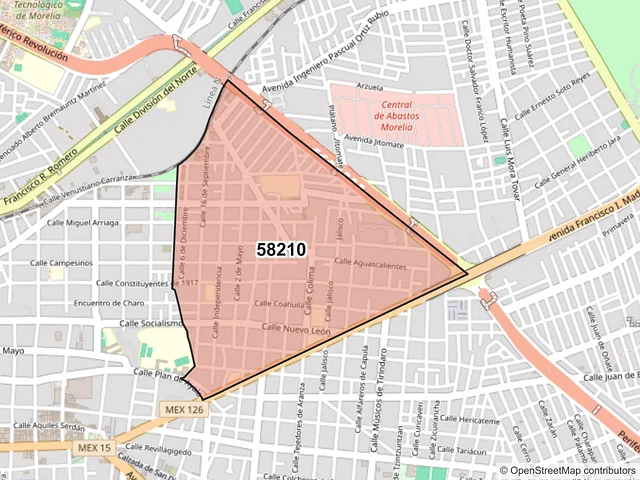 Mapa del código postal 58210, Morelia, Michoacán de Ocampo