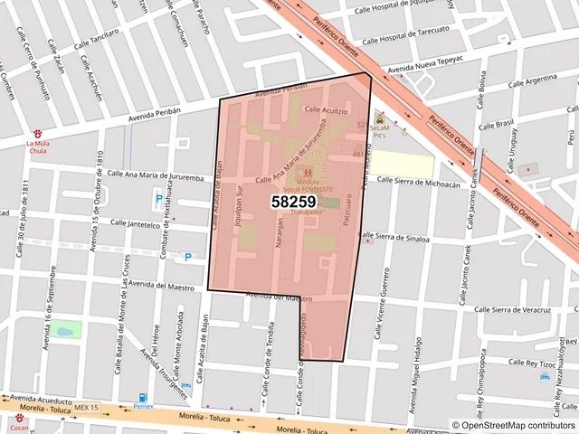 Mapa del código postal 58259, Morelia, Michoacán de Ocampo