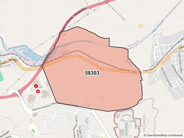 Mapa del código postal 58303, Morelia, Michoacán de Ocampo