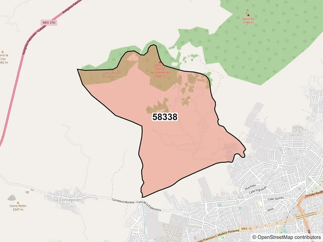 Mapa del código postal 58338, Morelia, Michoacán de Ocampo