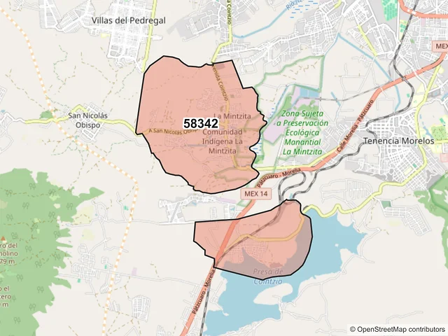 Mapa del código postal 58342, Morelia, Michoacán de Ocampo