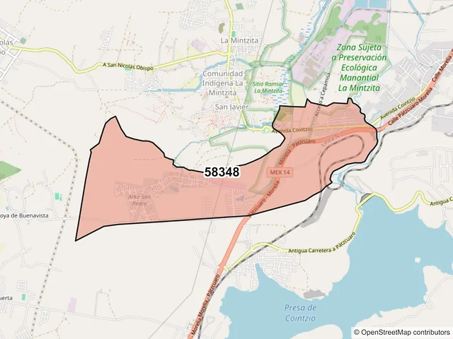 Mapa del código postal 58348, Morelia, Michoacán de Ocampo