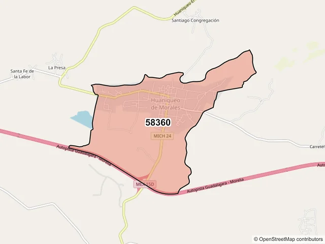 Mapa del código postal 58360, Huaniqueo, Michoacán de Ocampo