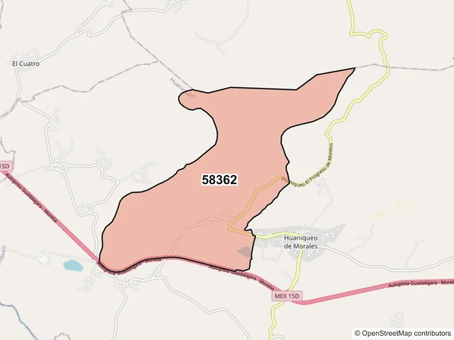 Mapa del código postal 58362, Huaniqueo, Michoacán de Ocampo