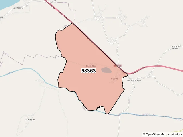 Mapa del código postal 58363, Huaniqueo, Michoacán de Ocampo