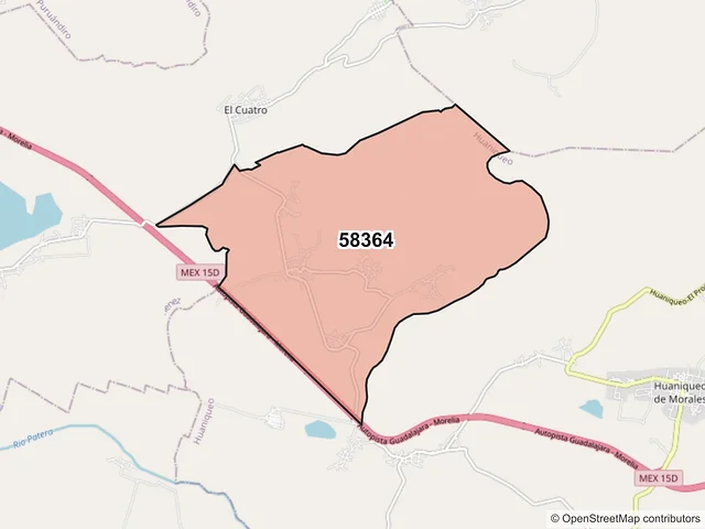 Mapa del código postal 58364, Huaniqueo, Michoacán de Ocampo