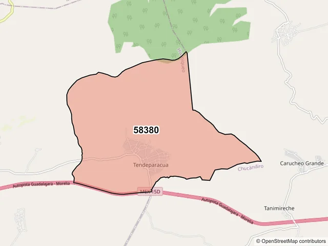 Mapa del código postal 58380, Huaniqueo, Michoacán de Ocampo