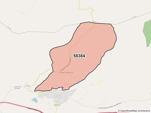 Mapa del código postal 58384, Huaniqueo, Michoacán de Ocampo