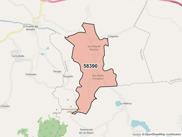 Mapa del código postal 58390, Huaniqueo, Michoacán de Ocampo