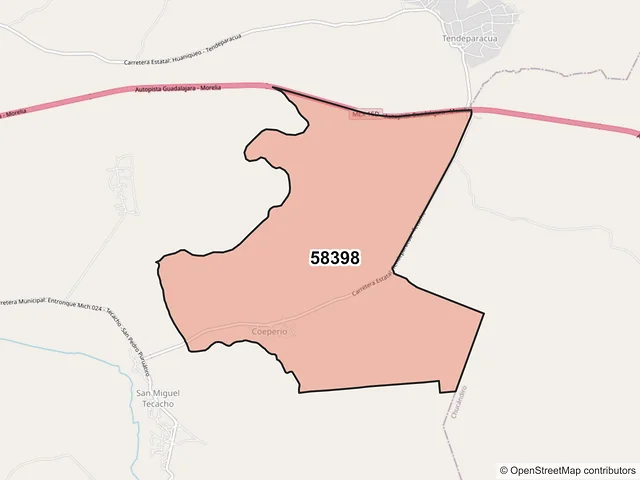 Mapa del código postal 58398, Huaniqueo, Michoacán de Ocampo