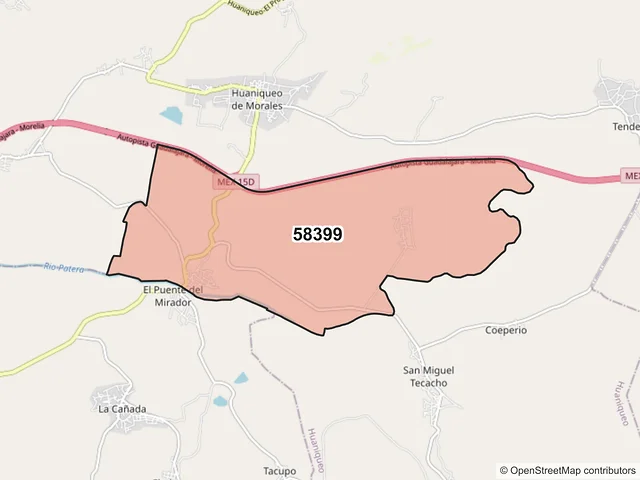 Mapa del código postal 58399, Huaniqueo, Michoacán de Ocampo