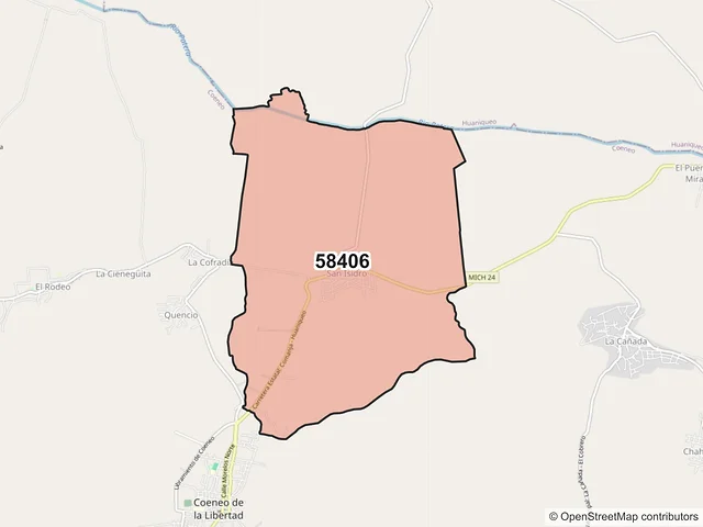 Mapa del código postal 58406, Coeneo, Michoacán de Ocampo