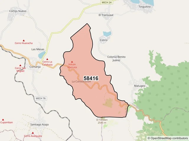 Mapa del código postal 58416, Coeneo, Michoacán de Ocampo