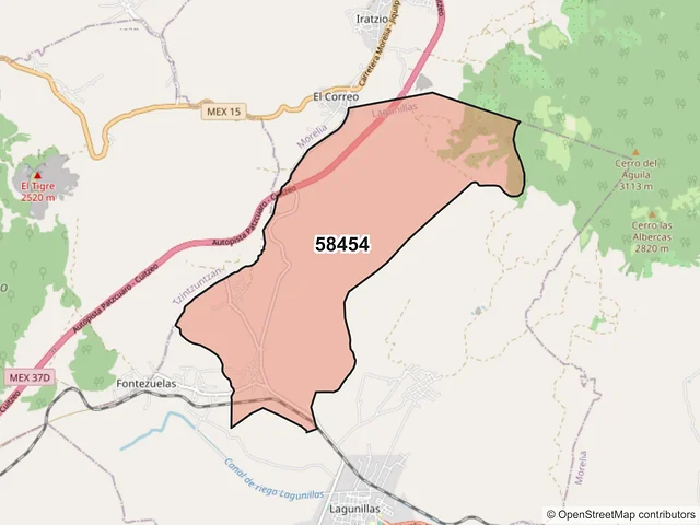 Mapa del código postal 58454, Lagunillas, Michoacán de Ocampo