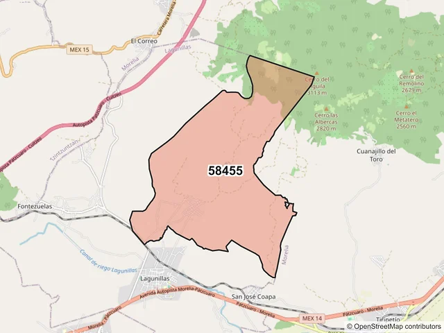 Mapa del código postal 58455, Lagunillas, Michoacán de Ocampo