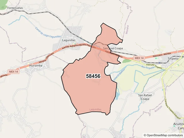 Mapa del código postal 58456, Lagunillas, Michoacán de Ocampo