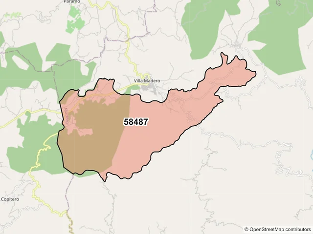 Mapa del código postal 58487, Madero, Michoacán de Ocampo
