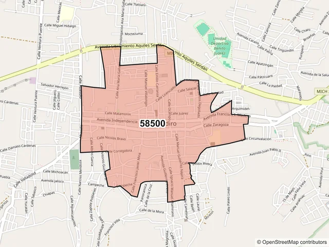 Mapa del código postal 58500, Puruándiro, Michoacán de Ocampo
