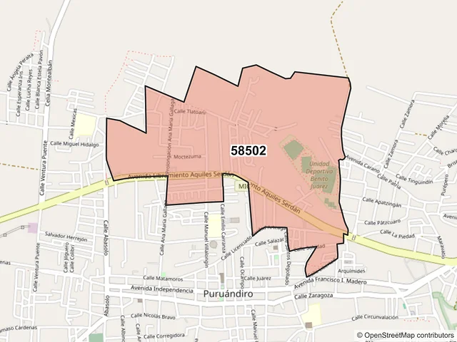 Mapa del código postal 58502, Puruándiro, Michoacán de Ocampo