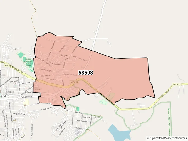 Mapa del código postal 58503, Puruándiro, Michoacán de Ocampo