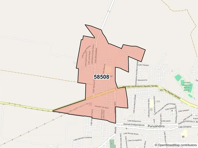 Mapa del código postal 58508, Puruándiro, Michoacán de Ocampo