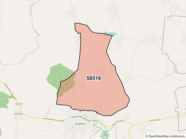 Mapa del código postal 58516, Puruándiro, Michoacán de Ocampo