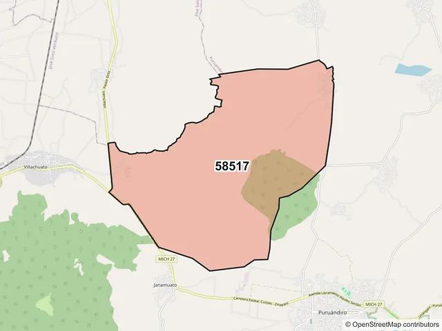 Mapa del código postal 58517, Puruándiro, Michoacán de Ocampo