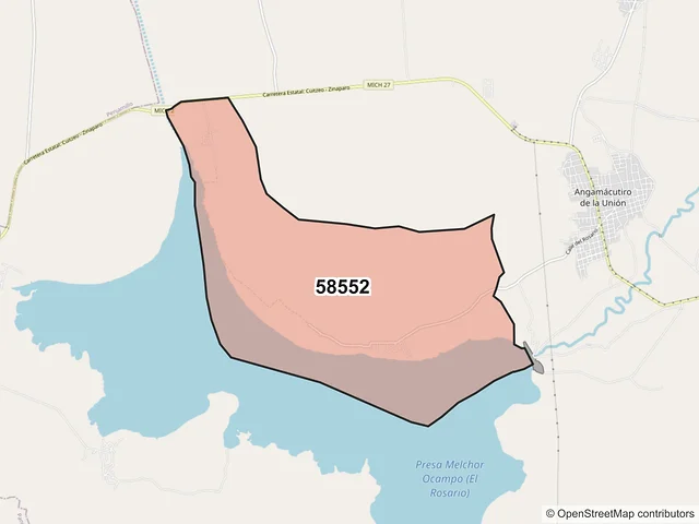 Mapa del código postal 58552, Angamacutiro, Michoacán de Ocampo