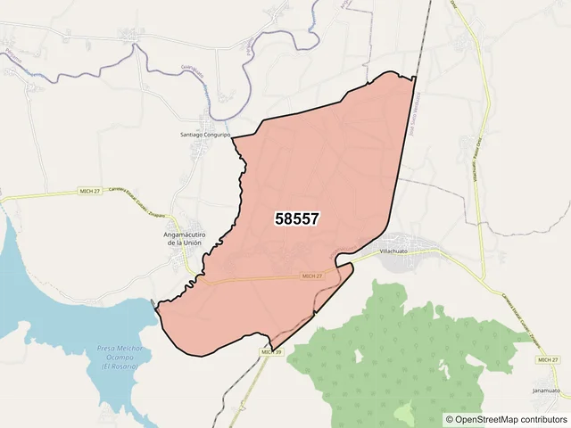 Mapa del código postal 58557, Angamacutiro, Michoacán de Ocampo