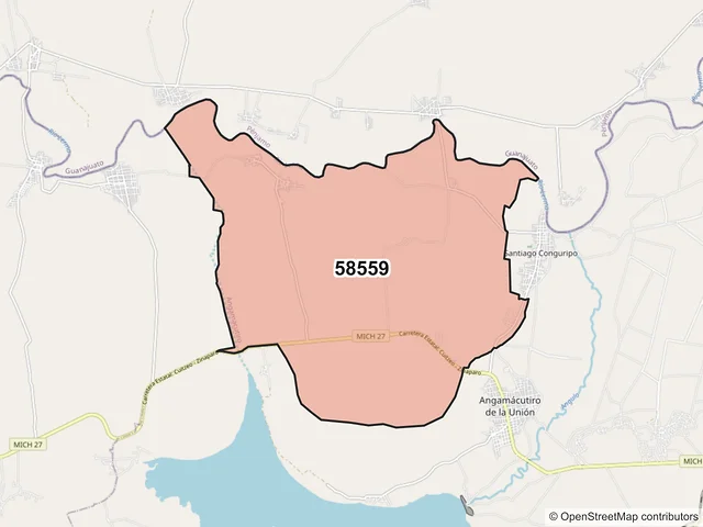 Mapa del código postal 58559, Angamacutiro, Michoacán de Ocampo