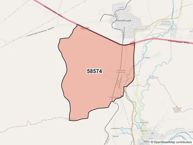 Mapa del código postal 58574, Panindícuaro, Michoacán de Ocampo