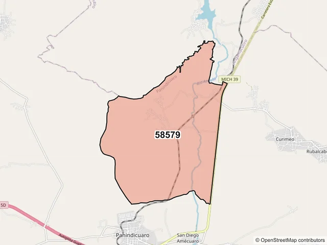 Mapa del código postal 58579, Panindícuaro, Michoacán de Ocampo