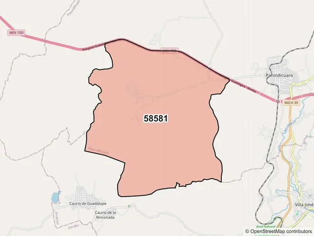 Mapa del código postal 58581, Panindícuaro, Michoacán de Ocampo