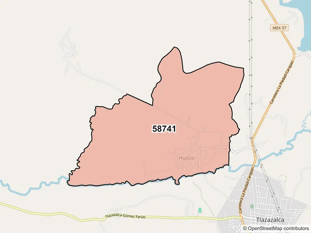 Mapa del código postal 58741, Tlazazalca, Michoacán de Ocampo