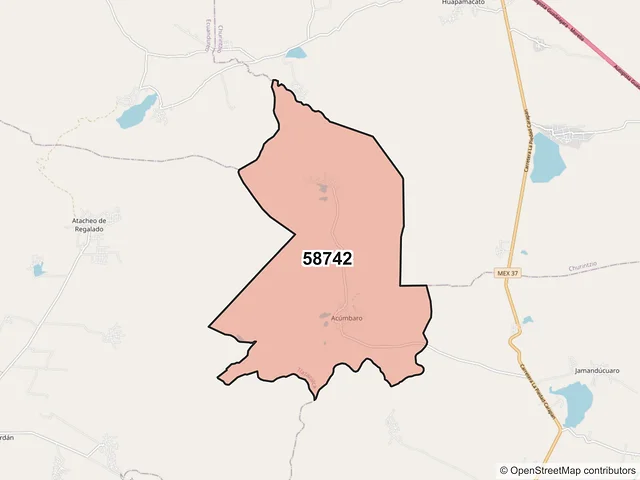 Mapa del código postal 58742, Tlazazalca, Michoacán de Ocampo