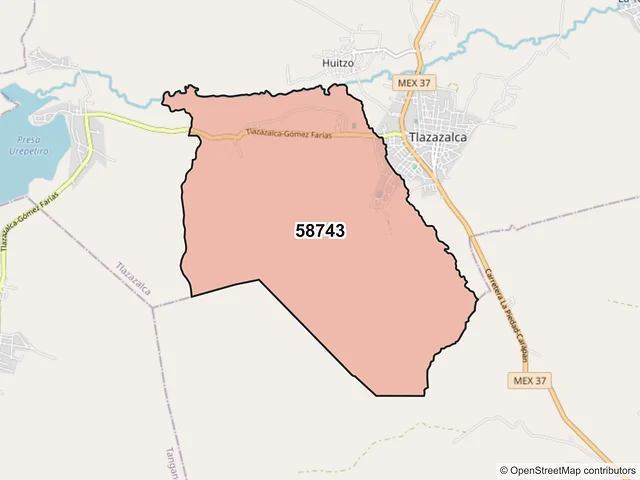 Mapa del código postal 58743, Tlazazalca, Michoacán de Ocampo