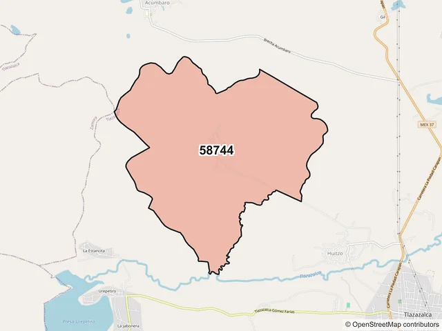 Mapa del código postal 58744, Tlazazalca, Michoacán de Ocampo