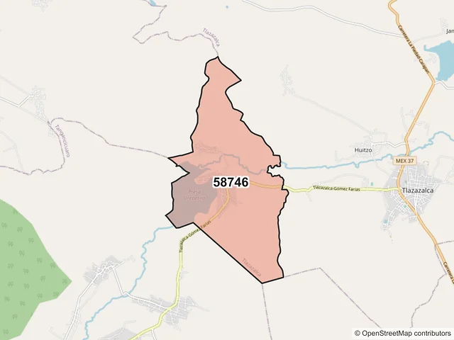 Mapa del código postal 58746, Tlazazalca, Michoacán de Ocampo