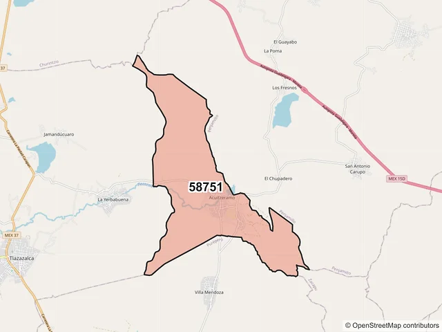 Mapa del código postal 58751, Tlazazalca, Michoacán de Ocampo