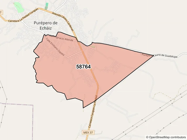 Mapa del código postal 58764, Purépero, Michoacán de Ocampo