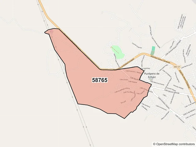Mapa del código postal 58765, Purépero, Michoacán de Ocampo