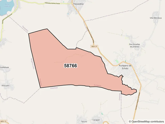 Mapa del código postal 58766, Purépero, Michoacán de Ocampo