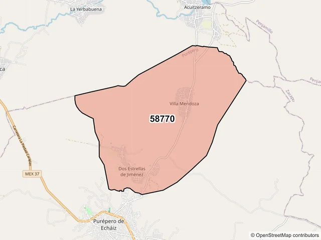 Mapa del código postal 58770, Purépero, Michoacán de Ocampo