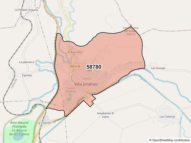 Mapa del código postal 58780, Jiménez, Michoacán de Ocampo