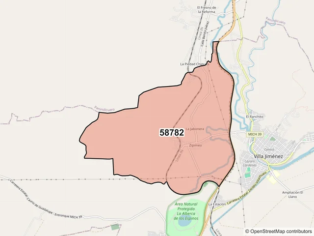 Mapa del código postal 58782, Jiménez, Michoacán de Ocampo